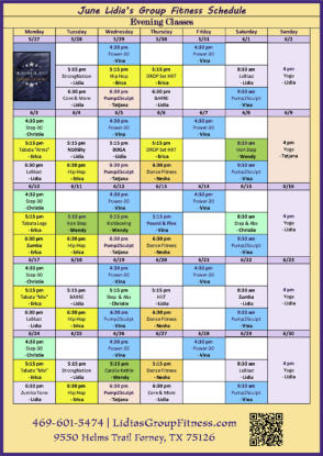Evening Schedule for Lidia's Group Fitness | Forney, TX