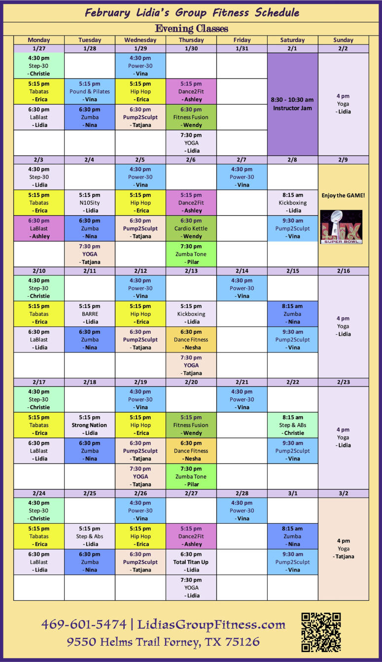 Evening Schedule for Lidia's Group Fitness | Forney, TX