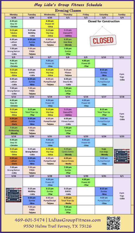 Evening Schedule for Lidia's Group Fitness | Forney, TX