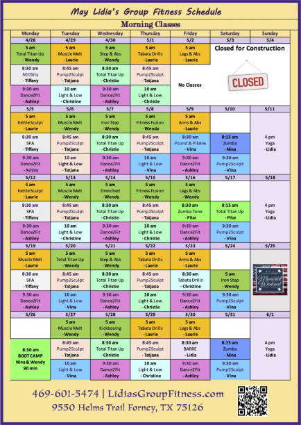 Morning Schedule for Lidia's Group Fitness | Forney, TX