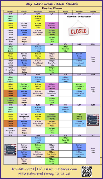 Evening Schedule for Lidia's Group Fitness | Forney, TX