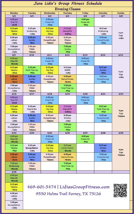 Evening Schedule for Lidia's Group Fitness | Forney, TX