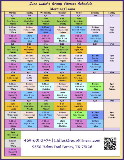 Morning Schedule for Lidia's Group Fitness | Forney, TX