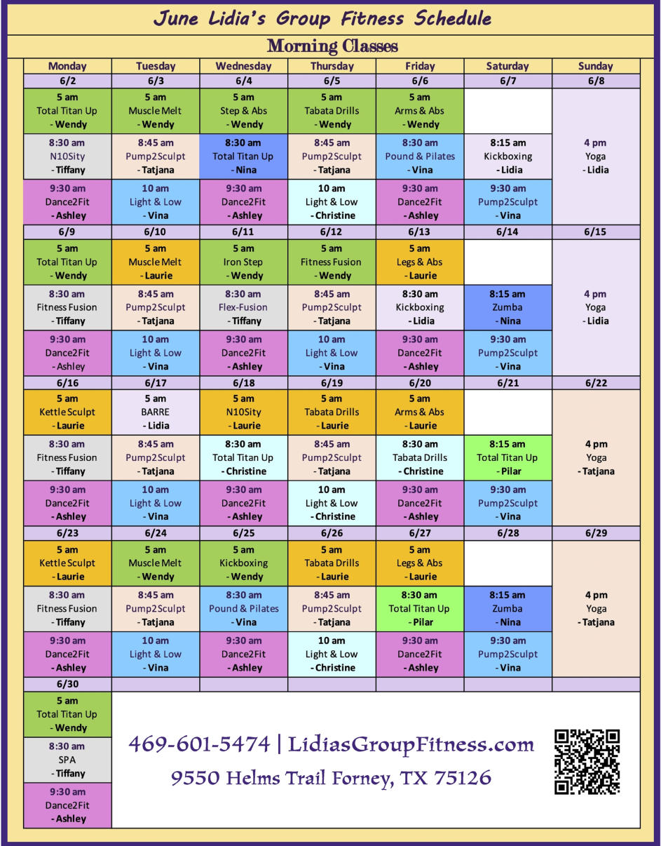 Morning Schedule for Lidia's Group Fitness | Forney, TX