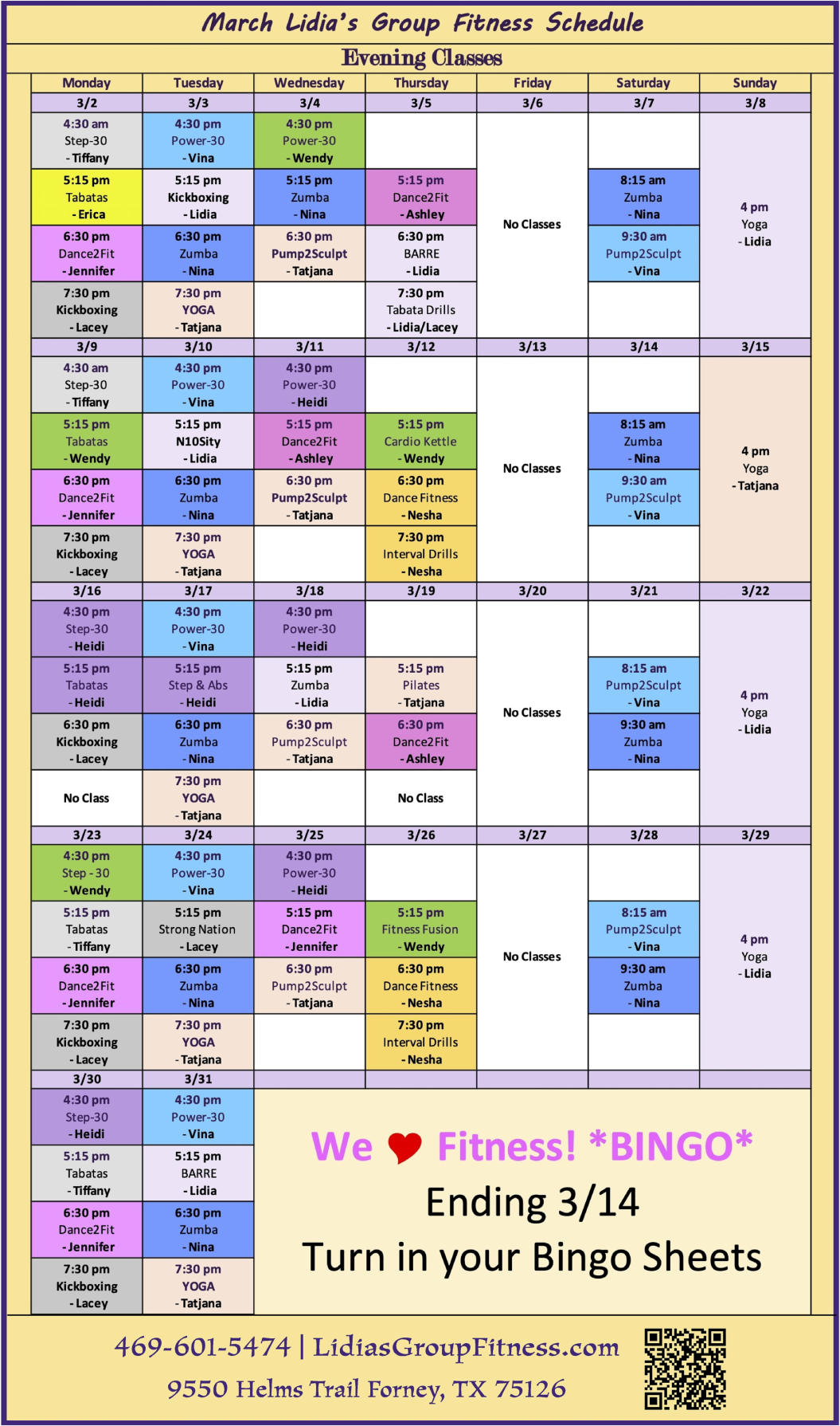 Evening Schedule for Lidia's Group Fitness | Forney, TX