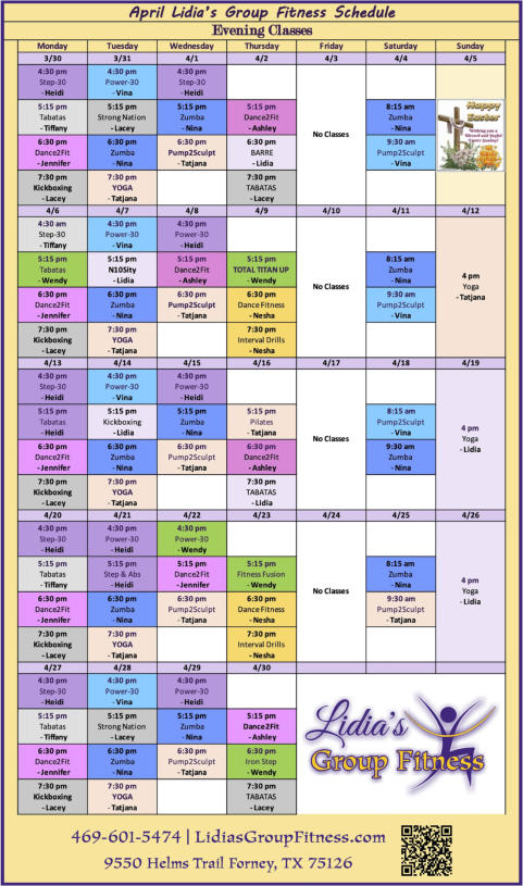 Evening Schedule for Lidia's Group Fitness | Forney, TX