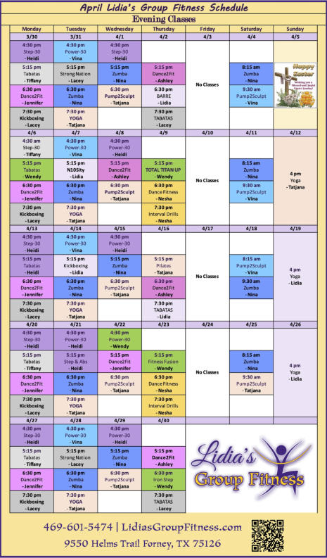 Evening Schedule for Lidia's Group Fitness | Forney, TX