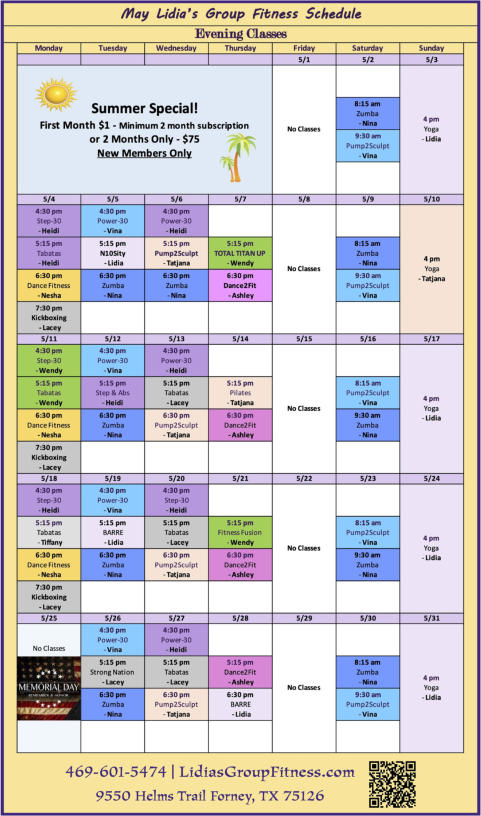Evening Schedule for Lidia's Group Fitness | Forney, TX