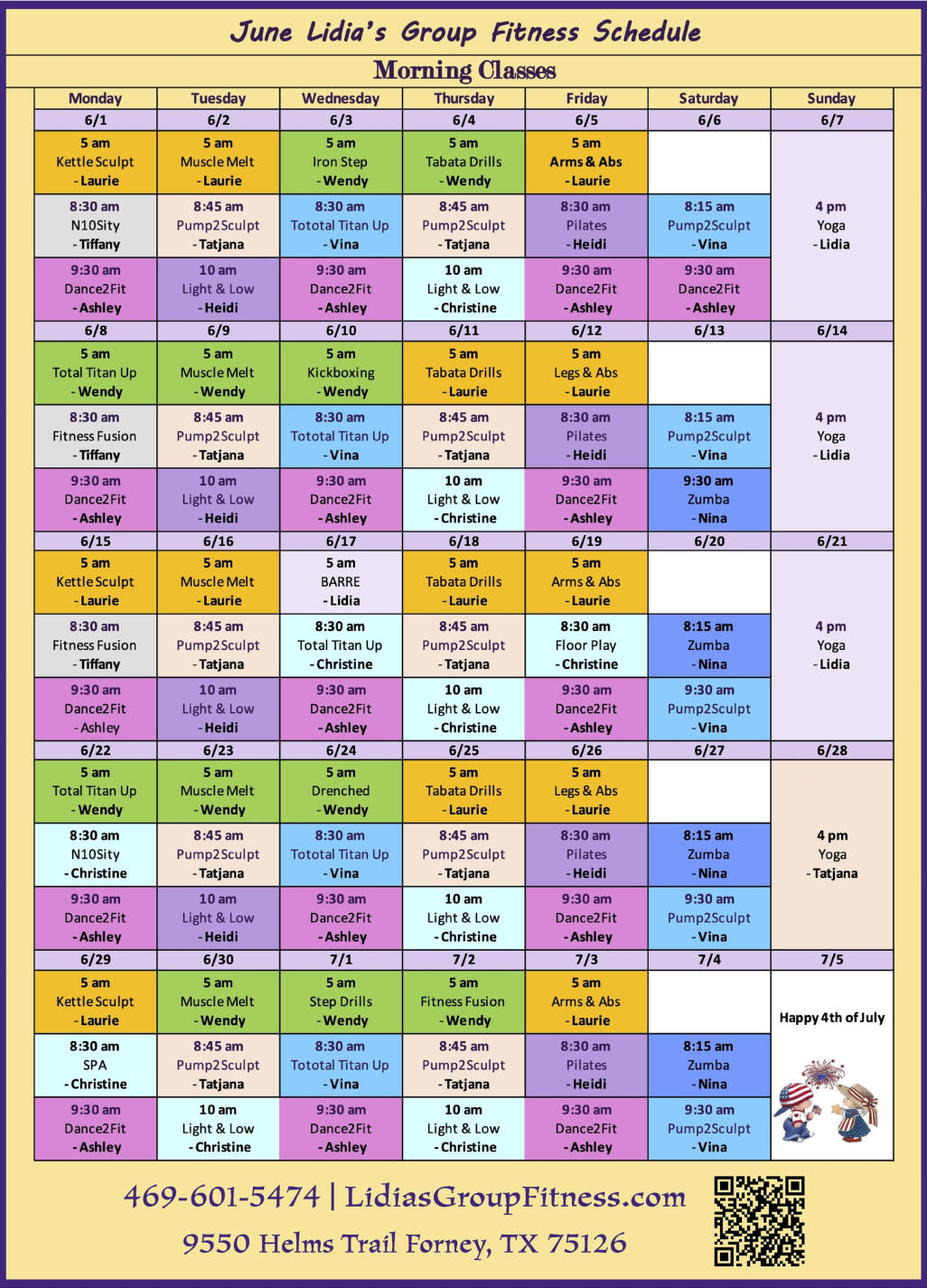 Morning Schedule for Lidia's Group Fitness | Forney, TX