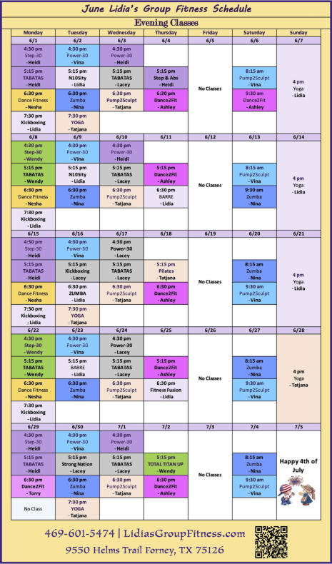 Evening Schedule for Lidia's Group Fitness | Forney, TX