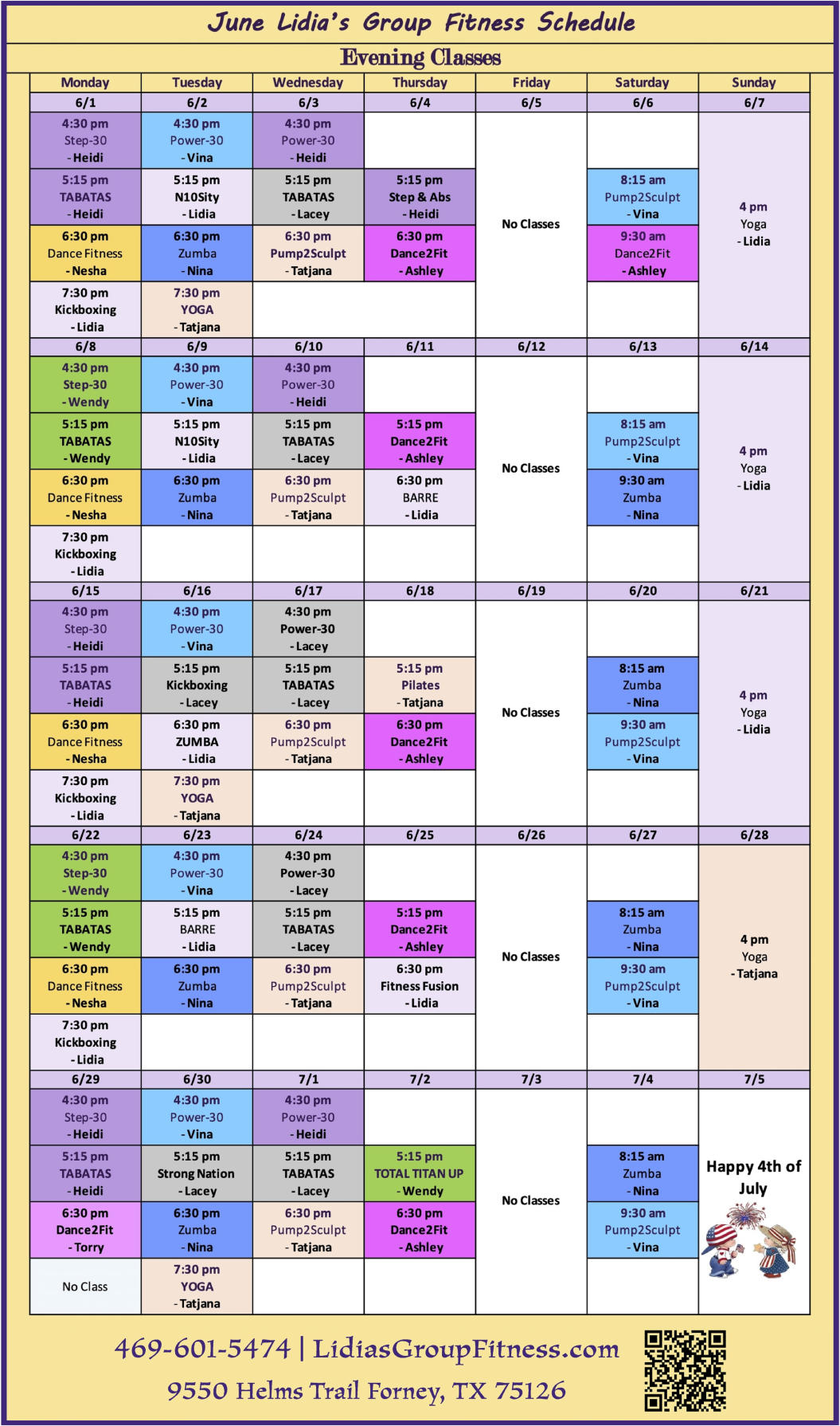 Evening Schedule for Lidia's Group Fitness | Forney, TX