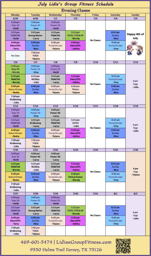 Evening Schedule for Lidia's Group Fitness | Forney, TX