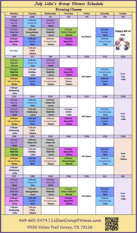 Evening Schedule for Lidia's Group Fitness | Forney, TX