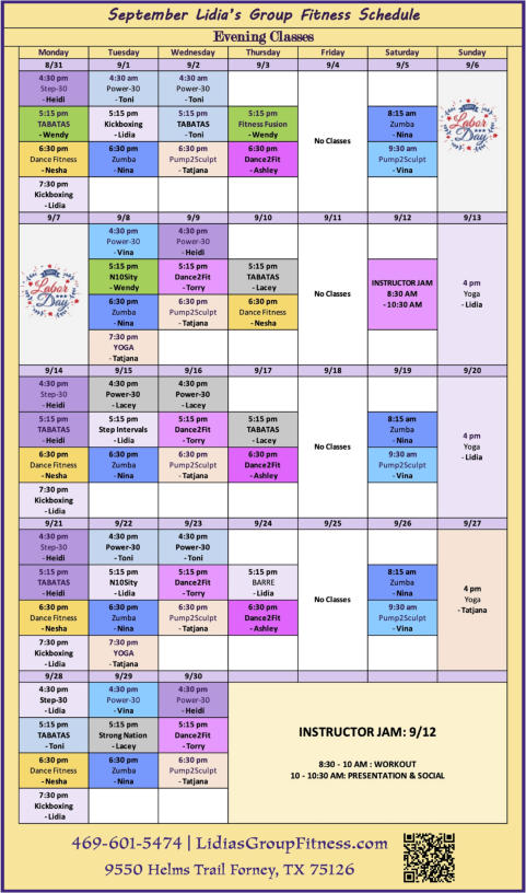 Evening Schedule for Lidia's Group Fitness | Forney, TX