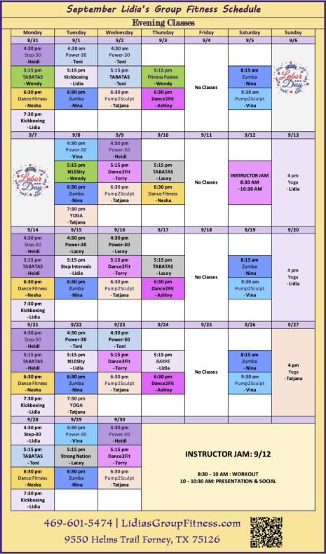 Evening Schedule for Lidia's Group Fitness | Forney, TX