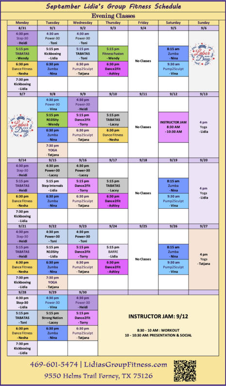 Evening Schedule for Lidia's Group Fitness | Forney, TX