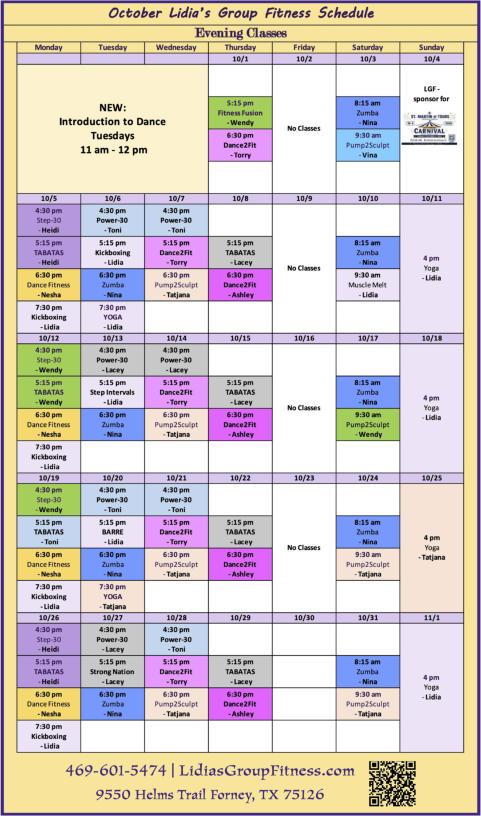 Evening Schedule for Lidia's Group Fitness | Forney, TX