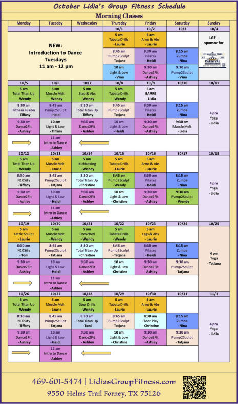 Morning Schedule for Lidia's Group Fitness | Forney, TX